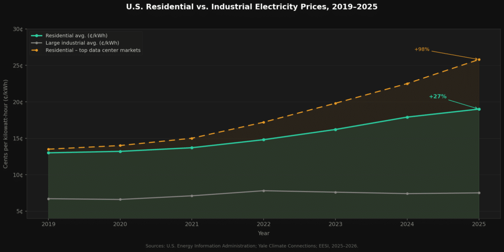 Line chart showing U.S. residential electricity prices rising from 13 cents to 19 cents per kilowatt-hour between 2019 and 2025, while large industrial users saw marginal increases and residents in top data center markets paid as much as 25.8 cents per kilowatt-hour